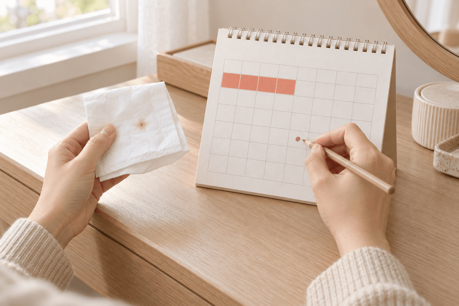 ティッシュについた薄い血の跡を確かめながら、月経期間ではない日付に小さな印をつける手を表現した生成イメージ