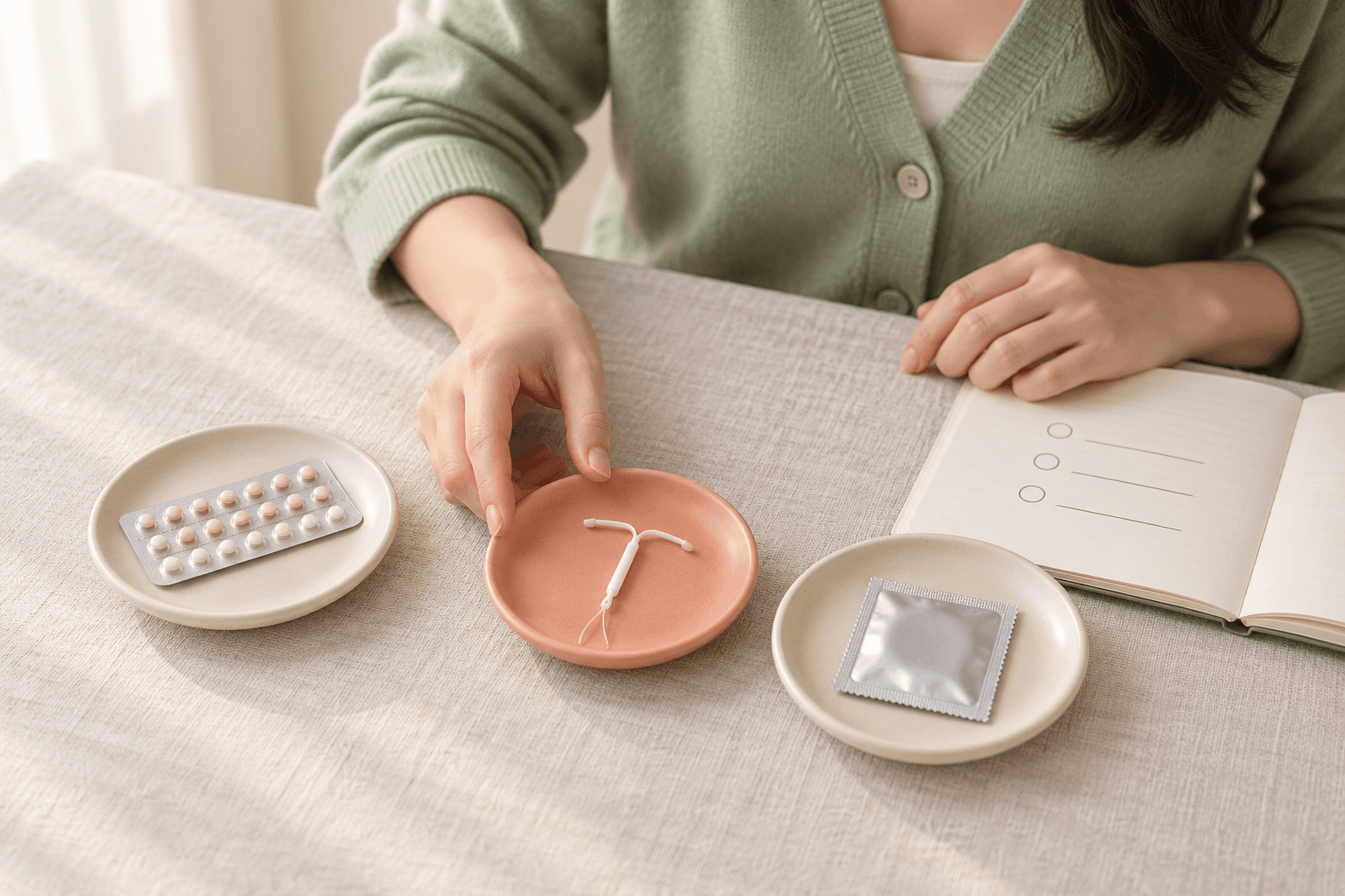 An illustrative generated image of a hand touching one of three items, each on its own small dish on a linen-covered table — a pack of contraceptive pills, a T-shaped intrauterine device and a condom wrapper — with a notebook showing blank checkboxes beside them