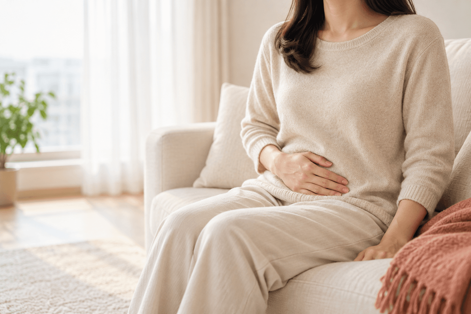 ソファに座り、片手を下腹部にそっと当てている女性