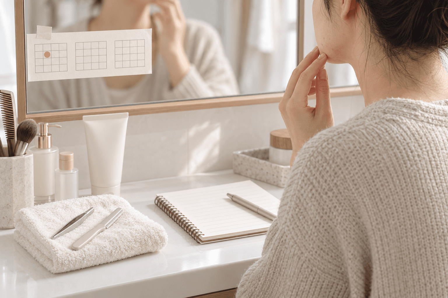 욕실 거울 앞에서 턱선을 손끝으로 만져 보는 여성과 세면대 위 족집게·면도기, 첫 칸에만 표시가 있는 거울 위 메모를 표현한 생성 이미지