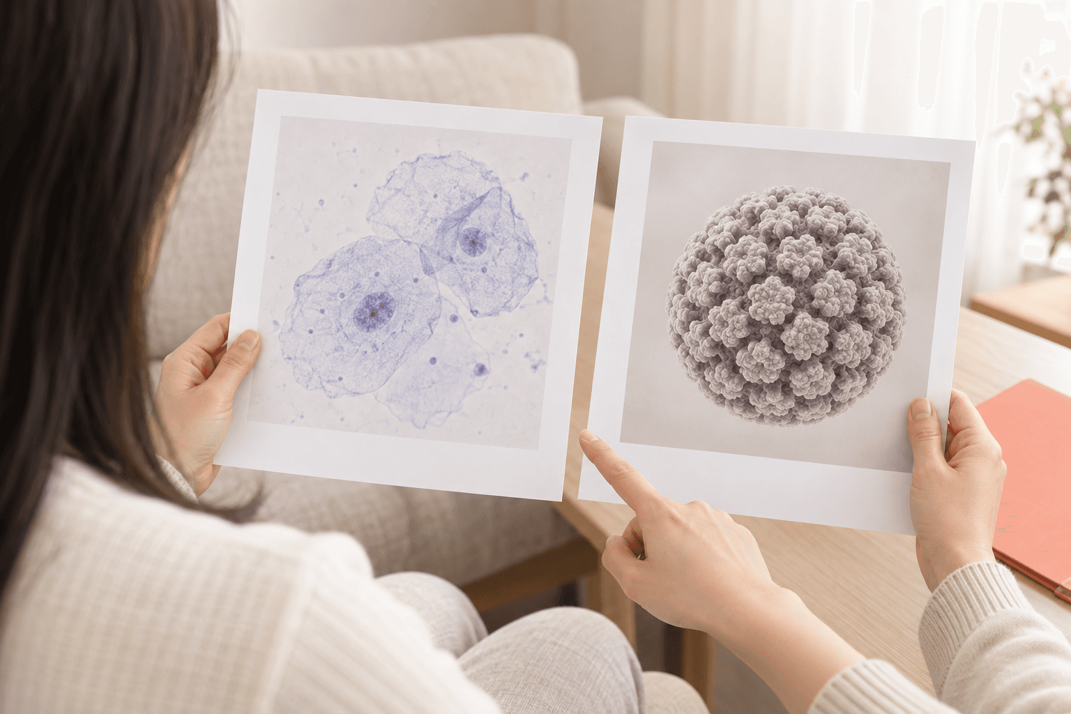 Hands holding two sheets side by side, with drawings symbolizing cells and viruses