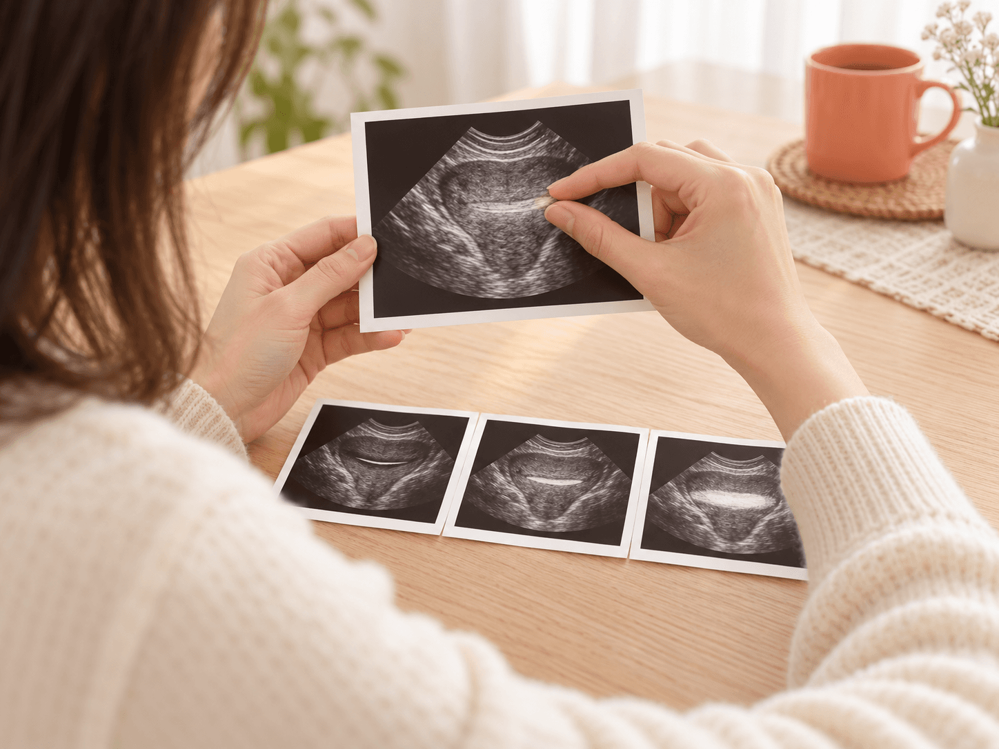 A hand touching the bright stripe in the middle of the uterus on an ultrasound photo with a fingertip, and three ultrasound photos on the table in which that stripe ranges from thin to thick, shown in a generated image