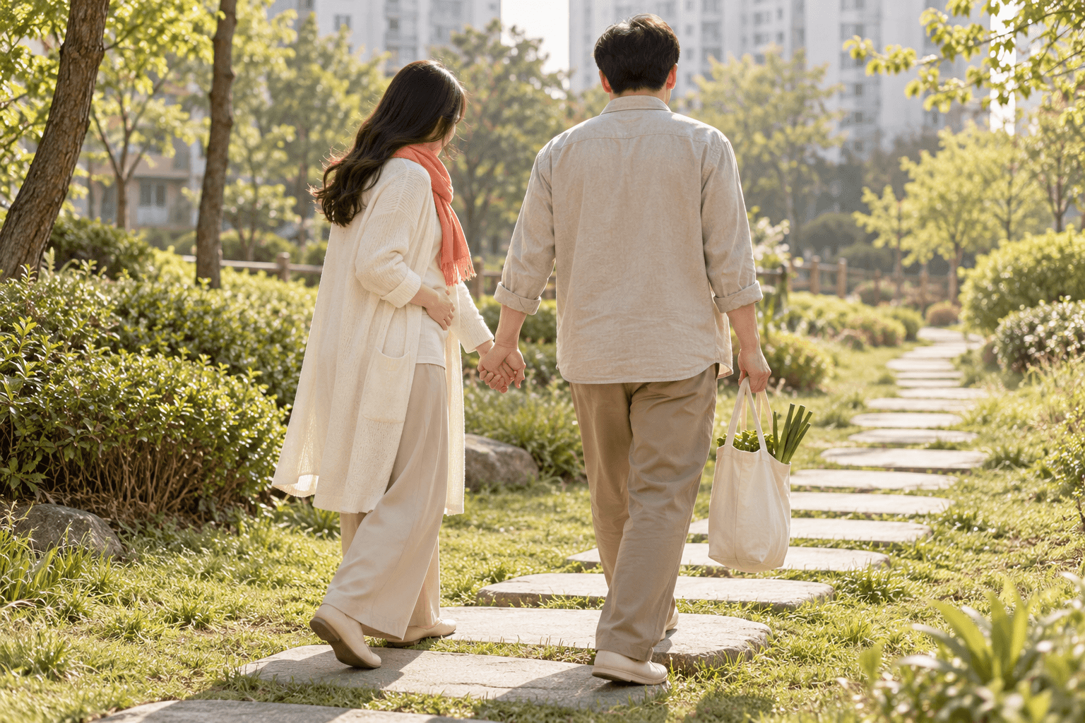 表現一位女性的背影,在公園步道的踏腳石上慢慢走著,一隻手放在下腹部,另一隻手與身旁提著購物袋的人牽手的生成圖像