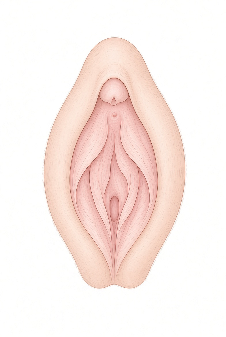 소음순이 대음순 안쪽에 있는 위치를 보여주는 외음부 정면 해부도