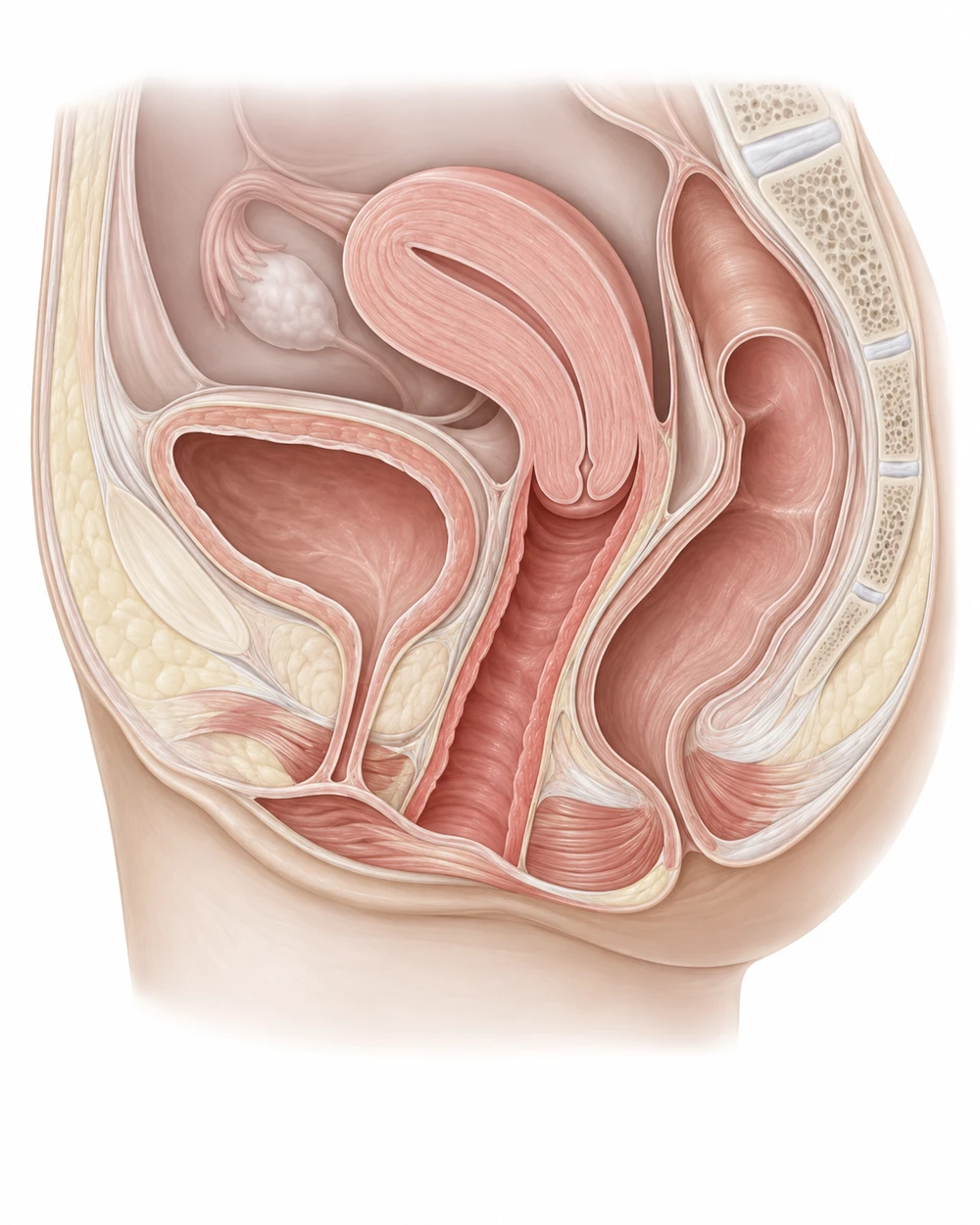 방광과 직장 사이에 있는 질과 주변 조직의 위치를 보여주는 골반 측면 해부도