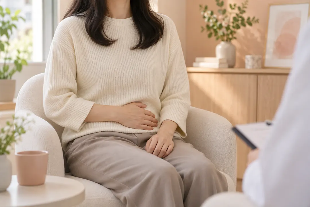 呈現一位女性將手放在下腹部、與醫療人員面對面坐著的生成影像