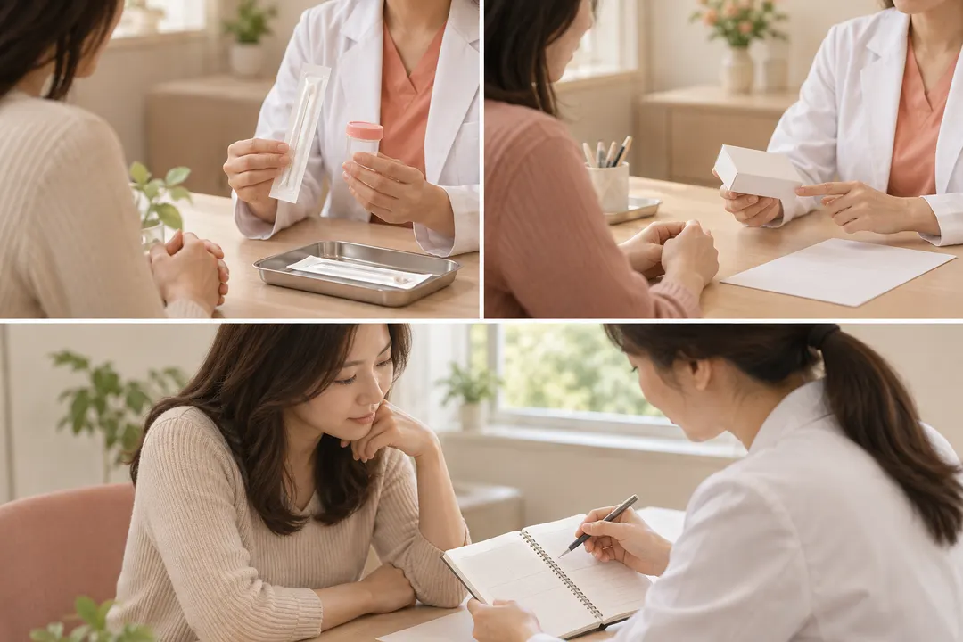 의료진이 내원자에게 검사용 면봉과 검체 용기를 보여주는 생성 이미지